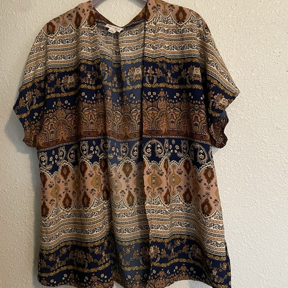 LA Hearts Brown Blue Floral Paisley Women's Short Sleeve Open Cardigan OS Bolero - Picture 3 of 6